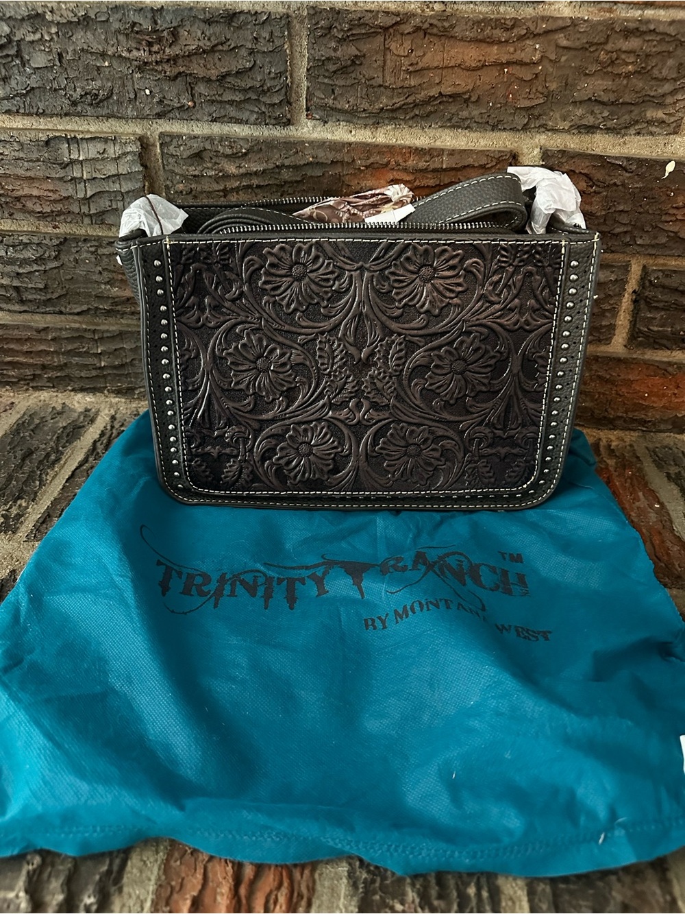 Trinity Dark Brown Leather Crossbody with Teal Dust Bag